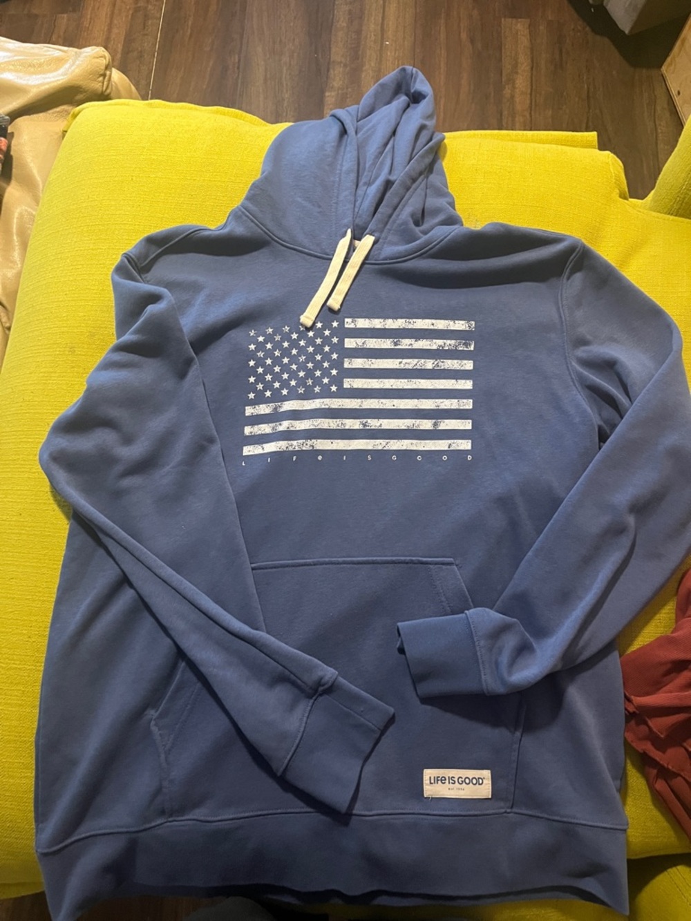 Life Is Good Men's Navy Blue Hoodie with Distressed Flag